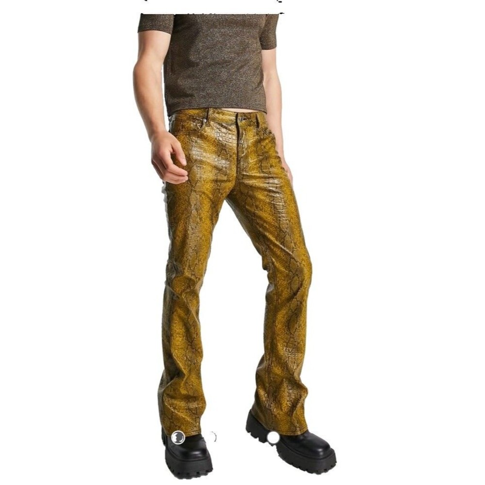 NWT ASOS DESIGN flare jean yellow snake leather look men 34 X 32 Faux
